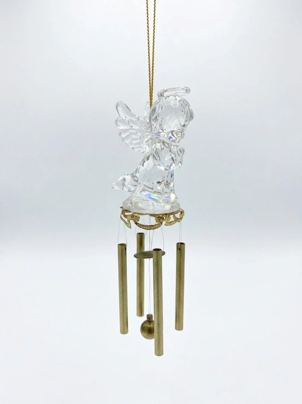 Vintage Clear Acrylic Praying Angel Mini Wind Chime Brass Tubes Y2K